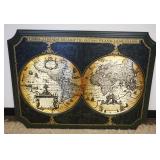 1086	LARGE BRASS FINISHED DOUBLE WORLD HEMISPHERE MAP IN WOOD FRAME, APPROXIMATELY 43 IN X 2 IN