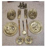 1092	GROUP OF ASSORTED ENGLISH BRASS DECORATIVE WALL HANGINGS, CHARGERS, BED WARMERS, ETC