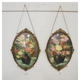1093	PAIR OF OVAL CONVEX GLASS FRAMES W/FLORAL PRINTS, APPROXIMATELY 16 IN X 24 IN