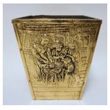 1094	ENGLISH BRASS & WOOD ORNATE EMBOSSED TAPERED CONTAINER, APPROXIMATELY 9 1/4 IN X 10 3/4 IN