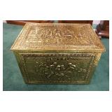 1096	ENGLISH BRASS & WOOD ORNATE EMBOSSED FIREPLACE KINDLING BOX, APPROXIMATELY 21 IN X 14 1/2 IN X 
