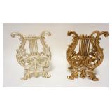 1097	PAIR OF CAST METAL LYRE HARP MAGAZINE, SHEET MUSIC HOLDERS, APPROXIMATELY 6 IN X 8 IN 11 IN HIG