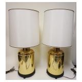 1098	PAIR OF CONTEMPORARY ASIAN BRASS TEA CADDY STYLE TABLE LAMPS, SEPARATION ON TOP OF ONE BRASS RI