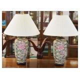 1101	PAIR OF FLORAL POTTERY TABLE LAMPS, APPROXIMATELY 30 IN HIGH