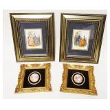 1108	LOT OF 4 FRAMED FASHION PRINTS & OVAL PORCELAIN MEDALIONS IN COMPOSITE FRAMES, LARGEST APPROXIM