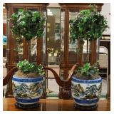 1121	PAIR OF ASIAN JARDINIERES ON WOOD BASES, BOTH W/LOSSES