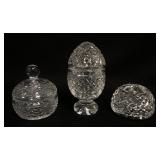 1137	WATERFORD LEAD CRYSTAL 3 PIECE LOT, 2 COVERED JARS & PAPERWEIGHT, LARGEST APPROXIMATELY 6 IN