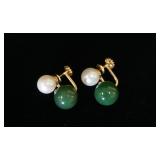 1181	14K YELLOW GOLD NON PIERCED EARRINGS CONTAINING TWO CULTURED AKOYA PEARLS & TWO JADE BEADS. 