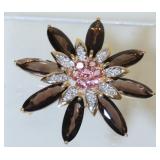 1188	14K YELLOW GOLD FLORAL BROOCH PIN W/ EIGHT MARQUISE CUT SMOKEY QUARTZ, SEVEN ROUND CUT PINK TOU