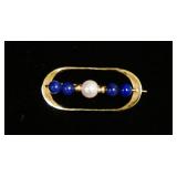 1206	14KT YELLOW GOLD BROOCH CONTAINING ONE CULTURED AKOYA PEARL & 4 BLUE LAPIS BEADS