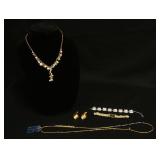 1213	COSTUME JEWELRY LOT INCLUDING BEADED GOLD TONE NECKLACE SIGNED HOLLY YASHI, SILVER TONE MARCASI