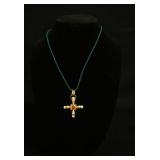 1214	14 KT YELLOW GOLD CROSS, 9.55 DWTS & CONTAINING 4 CULTURED AKOYA PEARLS & 5 CABOCHON CUT MULTI 
