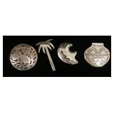 1239	LOT OF 4 STERLING SILVER BROOCHES/PINS, 2.273 OZT, CIRCULAR BROOCH APPROXIMATELY 2 IN DIAMETER