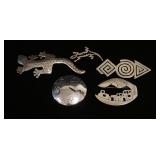 1256	5 STERLING SILVER BROOCHES/PINS, LARGER LIZARD BROOCH IS 3 3/4 IN LONG, 1.90 OZT