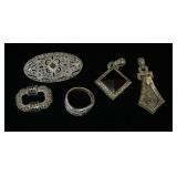 1269	JUDITH JACK STERLING & MARCASITE LOT INCLUDING 2 PINS, RING & 2 PENDANTS, 1.659 OZT OVERALL