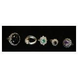 1302	5 STERLING & MARCASITE RINGS INCLUDES ONE IN THE FORM OF A JAGUAR, ONE W/AMETHYST, ONE W/LARGE 