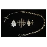 1312	STERLING SILVER ROSARY & 4 STERLING RELIGIOUS PENDANTS, 1.624 OZT OVERALL