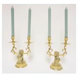 1001	PAIR OF ANTIQUE BRASS DOUBLE CANDLESTICKS W/RAMPANT LIONS HOLDING SHIELDS AT BASE, APPROXIMATEL