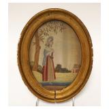 1002	ANTIQUE SILK EMBROIDERY OF A COLONIAL WOMAN IN A RED, WHITE, & BLUE DRESS STANDING IN A FIELD W