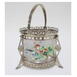 1008	ORNATE CANDLE TEAPOT WARMER METAL STAND W/CENTER REVERSED PAINTED GLASS, APPROXIMATELY 8 IN HIG