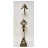 1011	HAND PAINTED ARTIST SIGNED CONTINENTAL COLUMN CHINA BANQUET LAMP ON METAL BASE, APPROXIMATELY 3