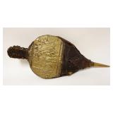 1021	ANTIQUE WOOD & LEATHER BELLOWS W/EMBOSSED BRASS ENGLISH SCENE, APPROXIMATELY 19 1/2 IN LONG