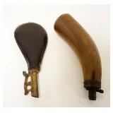 1035	ANTIQUE POWDER FLASKS LOT OF 2 LEATHER & HORN
