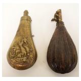 1036	ANTIQUE POWDER FLASKS LOT OF 2 LEATHER & BRASS
