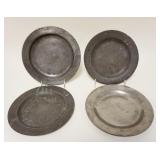 1037	LOT OF 4 ANTIQUE PEWTER PLATES, APPROXIMATELY 9 IN