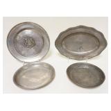 1038	LOT OF 4 ASSORTED ANTIQUE PEWTER PIECES, LARGEST APPROXIMATELY 9 IN X 13 IN