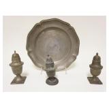 1039	ANTIQUE PEWTER 10 1/2  IN PLATE & 3 SHAKERS