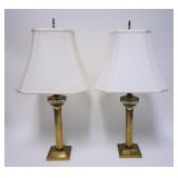1052	PAIR OF BRASS FLUTED COLUMN TABLE LAMPS W/GLASS FONTS, APPROXIMATELY 29 IN HIGH