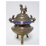 1061	BRASS ENAMELED INCENSE BURNER W/FOO DOGS, APPROXIMATELY 9 1/2 IN