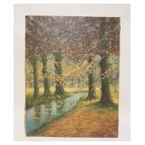 1086	OIL PAINTING ON CANVAS LANDSCAPE OF TREES IN FORREST W/STREAM, ARTIST SIGNED LOWER LEFT, APPROX