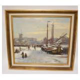 1092	DAAN MUHLHAUS OIL ON CANVAS DUTCH 1907-1981, DUTCH WINTER HARBOR SCENE W/PEOPLE SKATING & CHILD