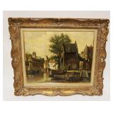 1094	WILHELM BOUWMAN NETHERLANDS OIL PAINTING ON CANVAS CITY HARBOR SCENE, APPROXIMATELY 23 IN X 27 