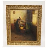 1096	OIL PAINTING ON CANVAS OF WOMAN & CHILD IN CRADLE ARTIST SIGNED LOWER LEFT, APPROXIMATELY 25 1/