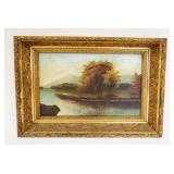 1100	ANTIQUE OIL PAINTING ON CANVAS LANDSCAPE OF RIVER W/MOUNTAINS IN BACKGROUND, APPROXIMATELY 18 I