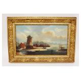 1101	ANTIQUE OIL PAINTING ON CANVAS WINTER SCENE W/BUILDINGS NEAR WATERWAY & PEOPLE W/SLEDS ON FROZE