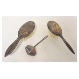 1125	ANTIQUE STERLING CHILDS HAIR BRUSHES, APPROXIMATELY 6 IN AND STERLING BABY RATTLE
