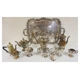 1127	LOF OF SILVER PLATE TEA POTS AND ACCESSORIES INCLUDING LARGE ORNATE SERVING TRAY