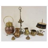 1128	LOT OF ASSORTED COPPER & BRASS ITEMS, INCLUDING TANKARDS, BETTY LAMP AND COVERED FOOTED URN
