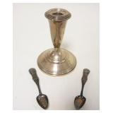 1129	STERLING WEIGHTED 5 1/2 IN CANDLESTICKS AND 2 SILVER SPOONS
