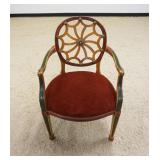1171	UPHOLSTERED ARM CHAIR WITH PAINT DECORAED ACCENTS AND FRETWORK WEB DESIGN BACK