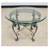 1179	ORNATE IRON BASE STAND WITH GREEN COPPER FINISH AND BRASS ACCENTS AND GLASS TOP, APPROXIMATELY 