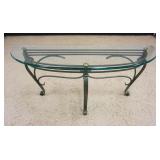 1180	DEMILUNE HALL TABLE , ORNATE IRON WITH GREEN COPPER FINISH AND BRASS ACCENTS. APPROXIMATELY 54 