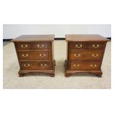 1190	PAIR OF STICKLEY MAHOGANY 3 DRAWER BED SIDE CHESTS WITH REEDED COLUMNS AND BRACKET FEET, SURFAC