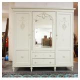 1204	ORNATE 3 PART, 3 DOOR, 2 DRAWER BEVELED MIRROR WARDROBE WITH APPLIED DRAPE MOLDING, APPROXIMATE