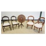 1210	VICTORIAN FINGER CARVED AND WALNUT CARVED SIDE CHAIRS AND TILT TOP TABLE