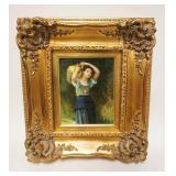 1251	ARTIST SIGNED OIL PAINTING ON BOARD OF YOUNG WOMAN CARRYING A VESSLE, APPROXIMATELY 18 IN X 20 